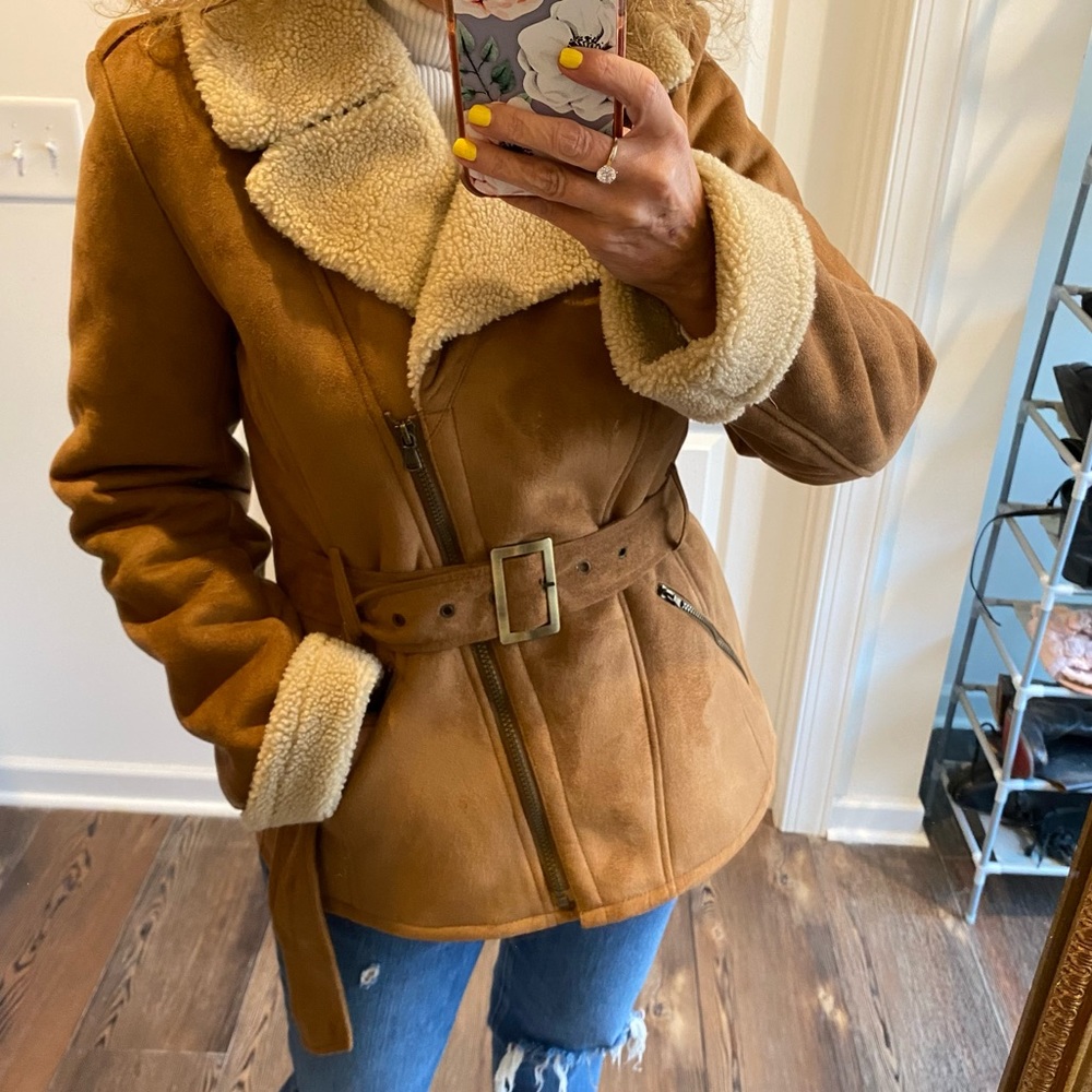 Jones New York Tan Shearling-Trim Belted Jacket